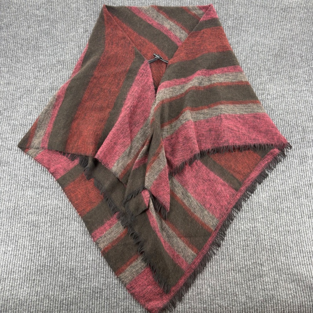 Echo Womens Red Brown Striped Fringe Ruana Wrap Poncho Shawl One Size